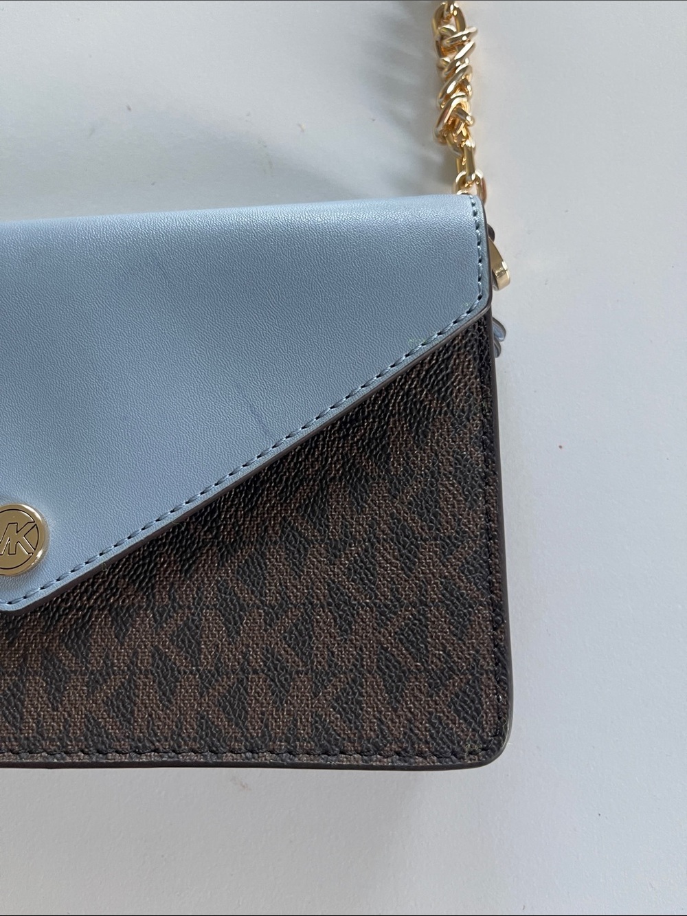Michael Kors Two-Tone Envelope Crossbody in Light Blue and Brown - Picture 4 of 13